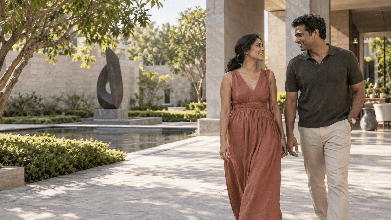 A couple walking together through a leafy courtyard.