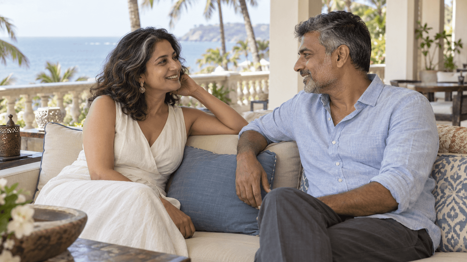 A couple sharing a relaxed conversation on a bright terrace.
